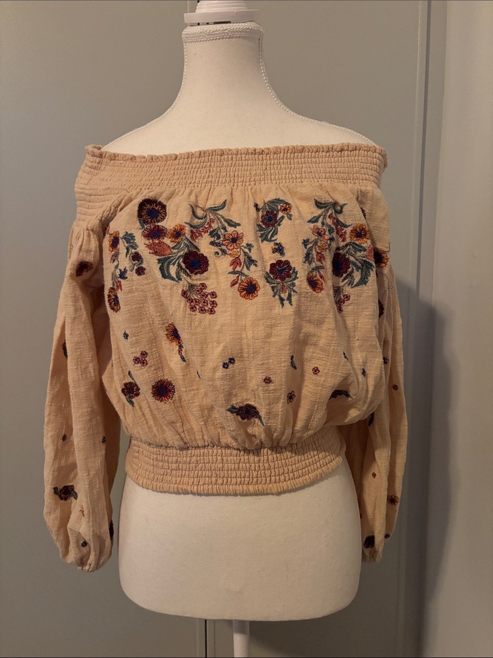 Free People Boho Off-Shoulder Embroidered Peasant Top - Beige